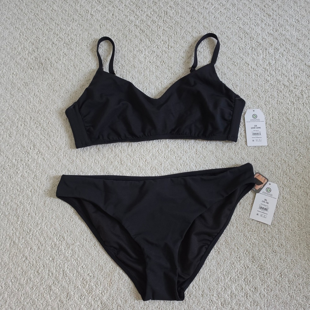 Women's Black Ribbed Bikini Set Top 2X Bottom XL Two Piece Swimsuit NWT